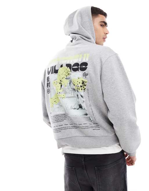 ASOS DESIGN - Felpa oversize squadrata con cappuccio, stampa sulla schiena e cuciture a contrasto grigio mélange