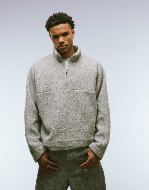 ASOS DESIGN - Felpa oversize squadrata in pile borg beige con zip corta e collo a imbuto - view 1