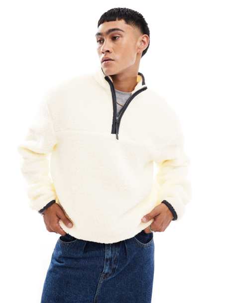ASOS DESIGN - Felpa oversize squadrata in pile borg color crema con zip corta - view 1