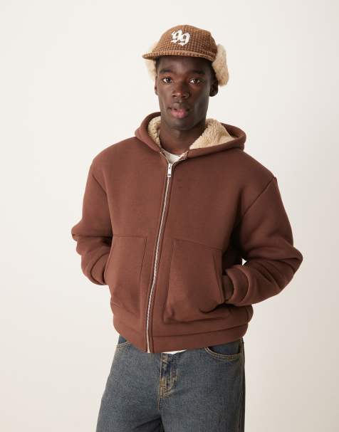 ASOS DESIGN - Felpa oversize squadrata marrone con cappuccio e fodera in pile borg - view 1
