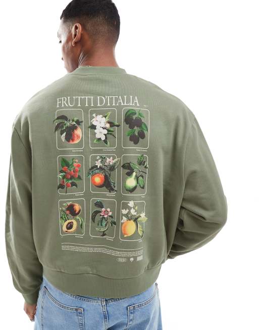 ASOS DESIGN - Felpa oversize squadrata verde con stampa di frutta in riquadri