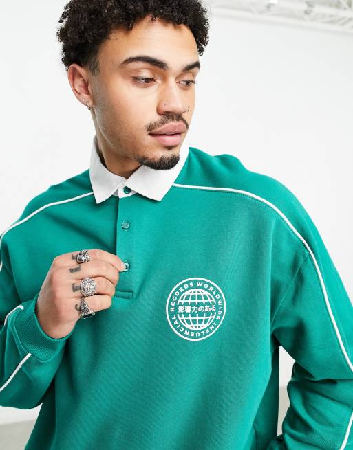 ASOS DESIGN - Felpa oversize stile rugby verde con profili a contrasto