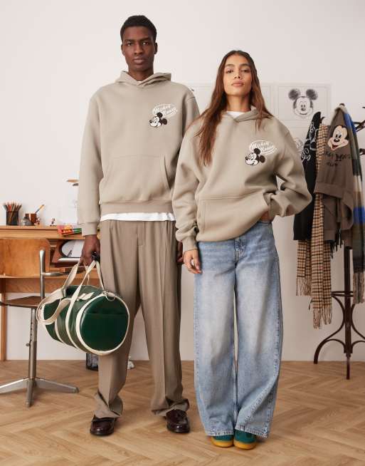 ASOS DESIGN - Felpa oversize unisex color pietra scuro con cappuccio e stampa di Topolino e amici, 2 di 4