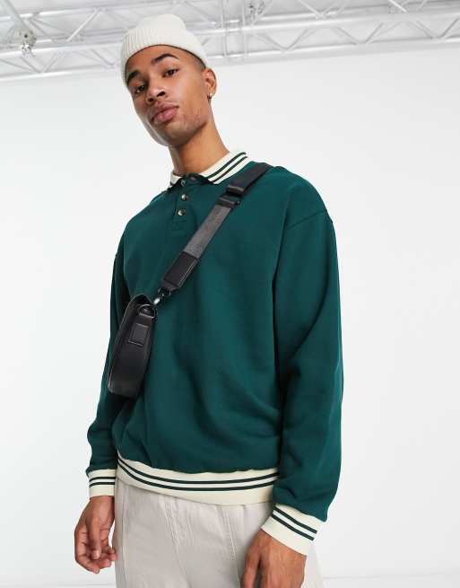 ASOS DESIGN - Felpa oversize verde con colletto stile polo con bottoni e bordi a contrasto