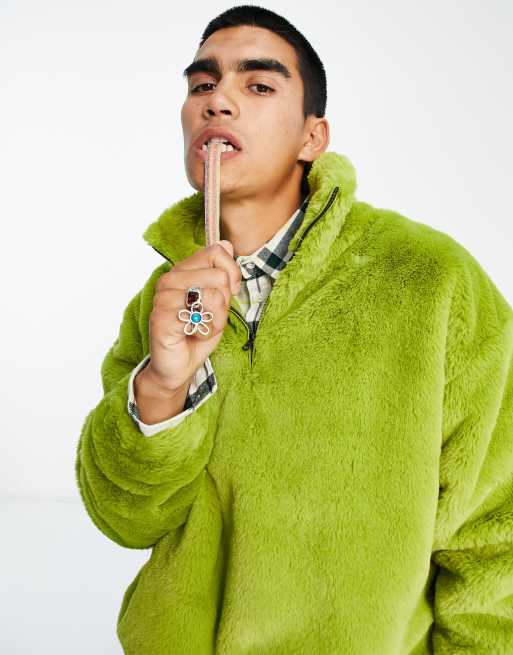 ASOS DESIGN - Felpa oversize verde con zip corta in pelliccia sintetica