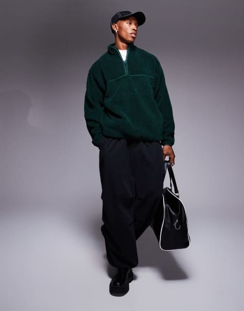 ASOS DESIGN - Felpa oversize verde scuro in pile borg con zip corta - view 1