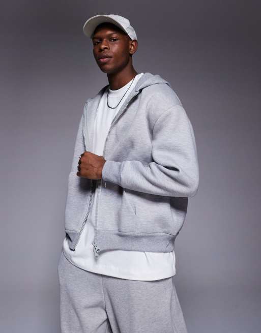 ASOS DESIGN - Felpa pesante oversize con cappuccio in tessuto scuba grigio mélange con zip