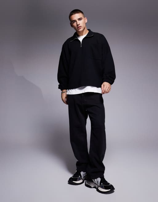 ASOS DESIGN - Felpa pesante oversize squadrata nera a coste con spalle scese e zip corta, 3 di 4