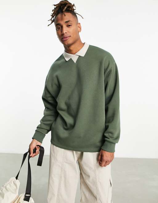 ASOS DESIGN - Felpa polo oversize verde con colletto a contrasto