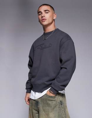 ASOS DESIGN - Felpa premium girocollo squadrata in tessuto pesante da 400 gsm color antracite con stampa sul petto e applicazione con bordi grezzi