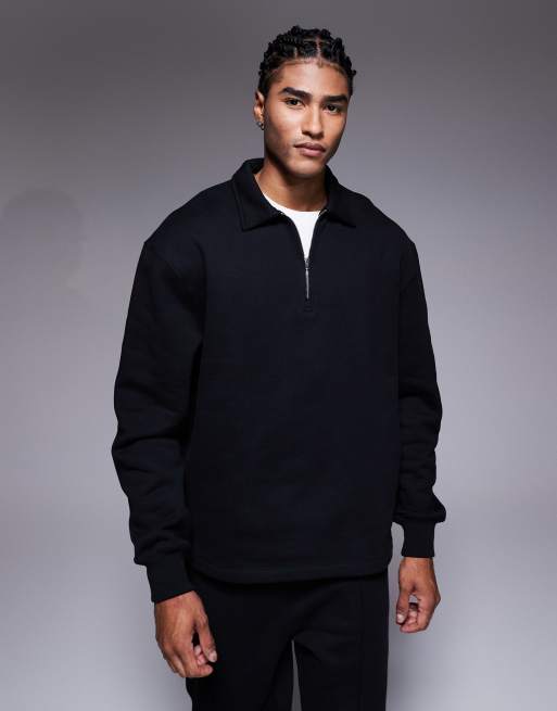 ASOS DESIGN - Felpa premium oversize pesante nera con zip corta e colletto in coordinato
