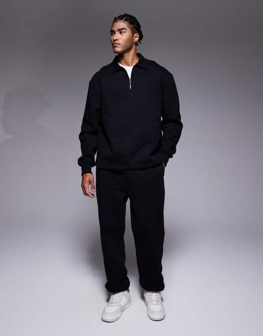 ASOS DESIGN - Felpa premium oversize pesante nera con zip corta e colletto in coordinato, 2 di 5