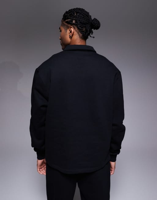 ASOS DESIGN - Felpa premium oversize pesante nera con zip corta e colletto in coordinato, 3 di 5