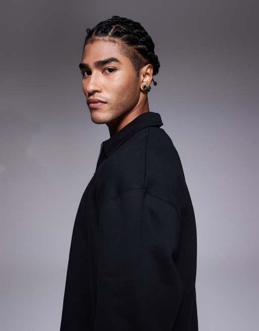 ASOS DESIGN - Felpa premium oversize pesante nera con zip corta e colletto in coordinato, 4 di 5
