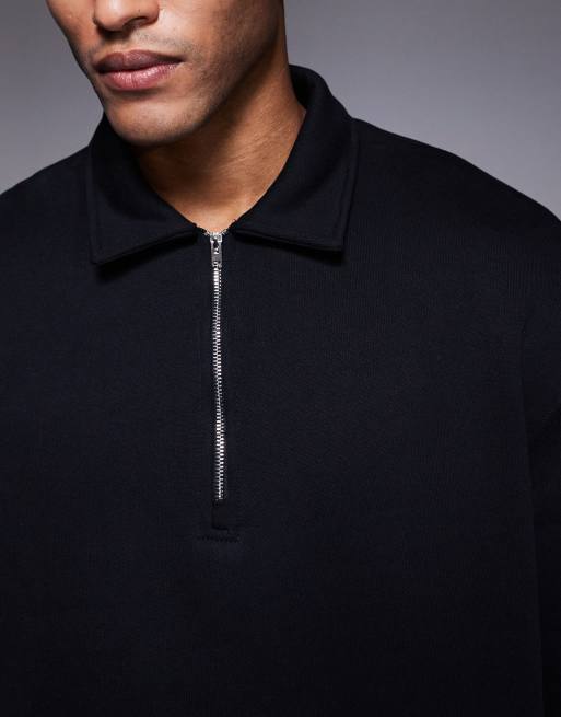 ASOS DESIGN - Felpa premium oversize pesante nera con zip corta e colletto in coordinato, 5 di 5