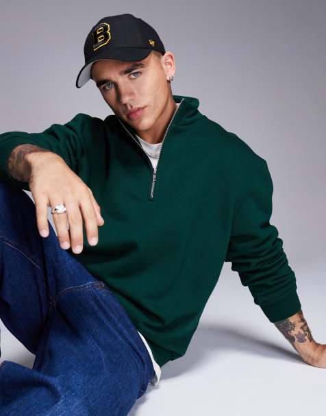 ASOS DESIGN - Felpa premium pesante 400 gsm oversize verde scuro con zip corta - view 1