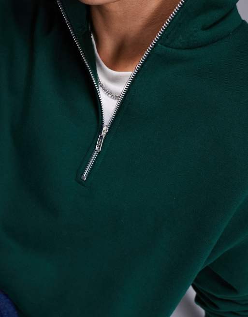 ASOS DESIGN - Felpa premium pesante 400 gsm oversize verde scuro con zip corta, 3 di 4