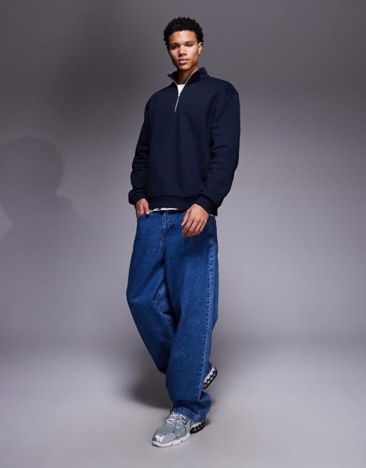 ASOS DESIGN - Felpa premium pesante da 400 g/m² blu navy con zip, 2 di 5