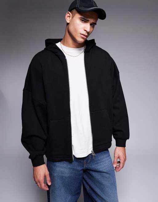 ASOS DESIGN - Felpa premium pesante oversize nera da 400 gsm con zip e fondo cucito