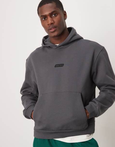 ASOS DESIGN - Felpa premium squadrata oversize in tessuto pesante da 400 gsm color nero slavato con cappuccio e stampa sul petto - view 1