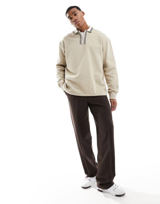 ASOS DESIGN - Felpa premium stile polo oversize pesante beige con righe a contrasto