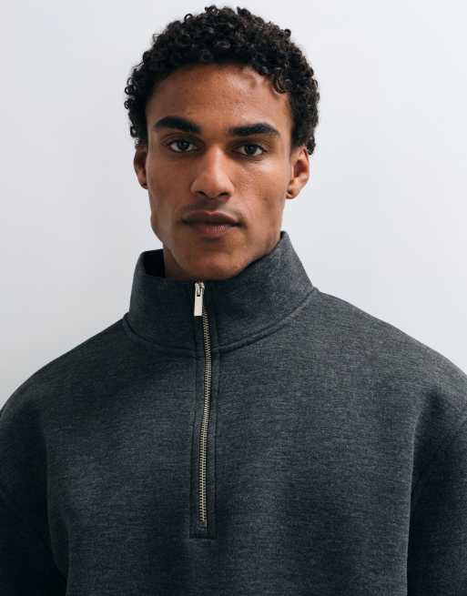 ASOS DESIGN felpa relaxed boxy con collo a imbuto e mezza zip in tessuto stile scuba grigio antracite, 4 di 9