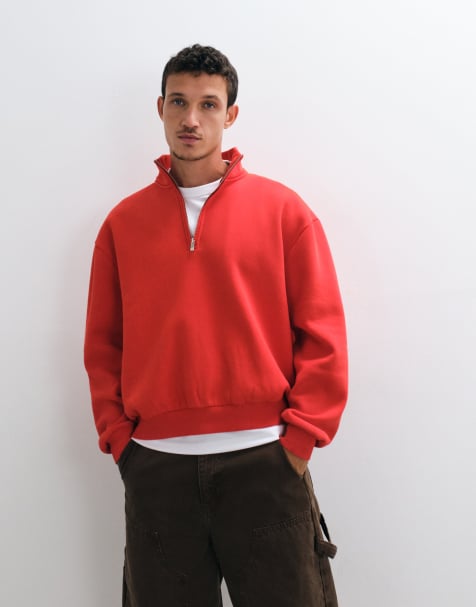 ASOS DESIGN felpa relaxed con mezza zip e lavaggio acid in rosso - view 1