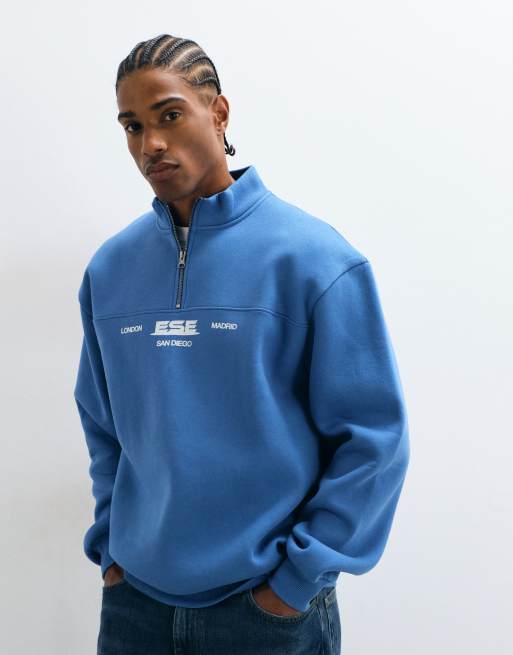 ASOS DESIGN felpa relaxed con mezza zip e stampa in policotone blu, 4 di 5