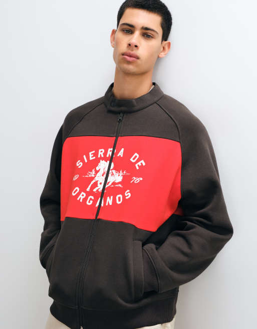 ASOS DESIGN felpa relaxed con zip, collo ampio, dettagli cut and sew e stampa, marrone e rosso, 1 di 5