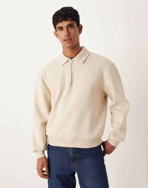 ASOS DESIGN - Felpa squadrata comoda beige con colletto e zip - view 1