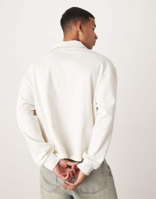 ASOS DESIGN - Felpa squadrata comoda bianco sporco con colletto e zip corta, 4 di 4