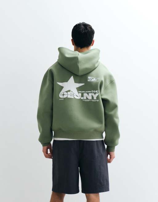 ASOS DESIGN - Felpa squadrata comoda con cappuccio e zip in tessuto stile scuba verde con stampa, 2 di 9