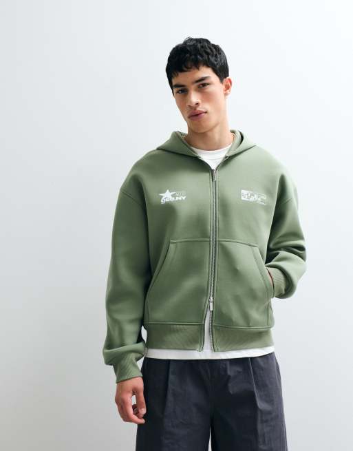 ASOS DESIGN - Felpa squadrata comoda con cappuccio e zip in tessuto stile scuba verde con stampa, 4 di 9