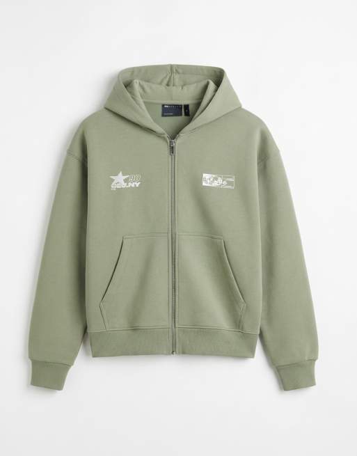 ASOS DESIGN - Felpa squadrata comoda con cappuccio e zip in tessuto stile scuba verde con stampa, 6 di 9