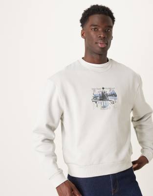ASOS DESIGN - Felpa squadrata grigio chiaro con stampa di montagne