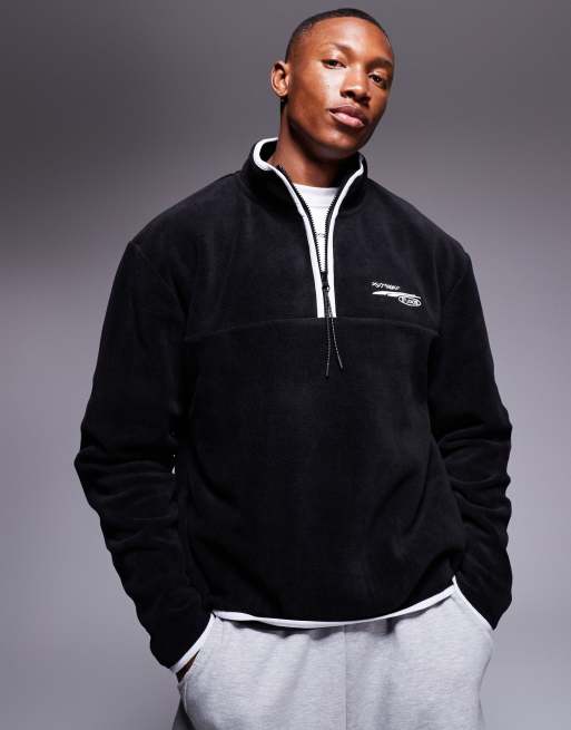 ASOS DESIGN - Felpa squadrata nera oversize in pile con zip corta, stampa e profili a contrasto