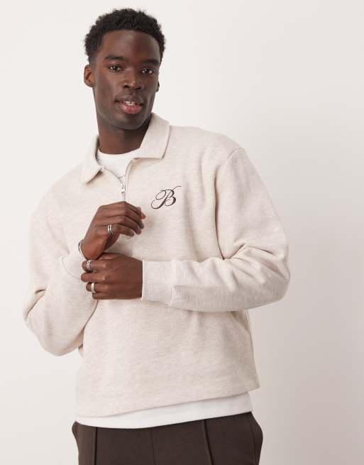 ASOS DESIGN - Felpa squadrata oversize avena mélange con colletto polo e ricamo sul petto