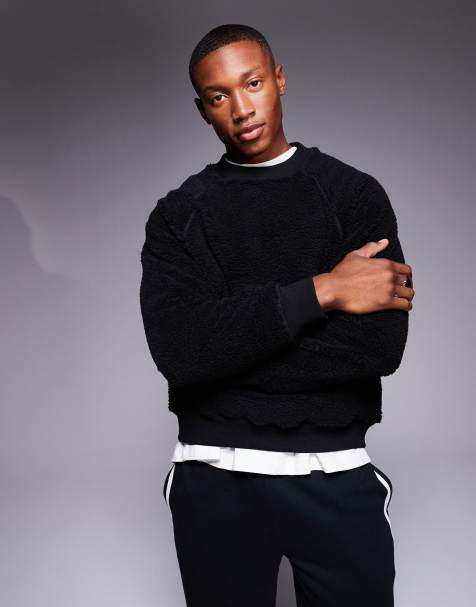 ASOS DESIGN - Felpa squadrata oversize in pile borg nera con profili a contrasto - view 1