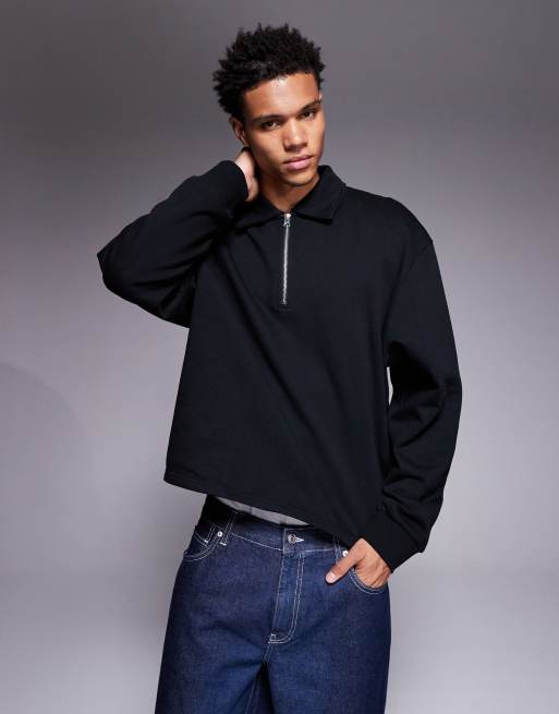 ASOS DESIGN - Felpa squadrata oversize nera con colletto e zip corta
