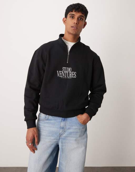 ASOS DESIGN - Felpa squadrata oversize nera con stampa sul petto e collo a imbuto