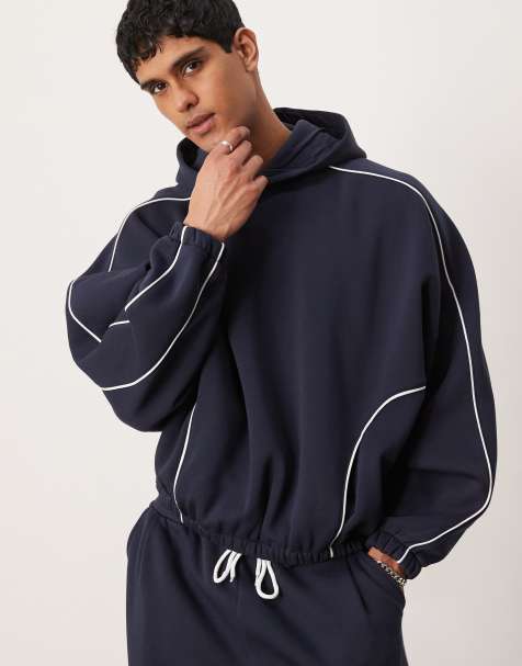 ASOS DESIGN - Felpa squadrata super oversize color blu navy con cappuccio e profili a contrasto in coordinato - view 1