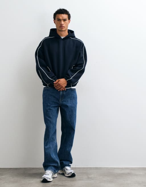 ASOS DESIGN - Felpa squadrata super oversize color blu navy con cappuccio e profili a contrasto in coordinato, 4 di 5