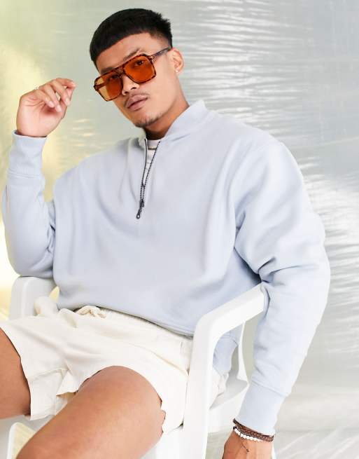 ASOS DESIGN - Felpa stile bomber pesante oversize con zip corta blu in coordinato