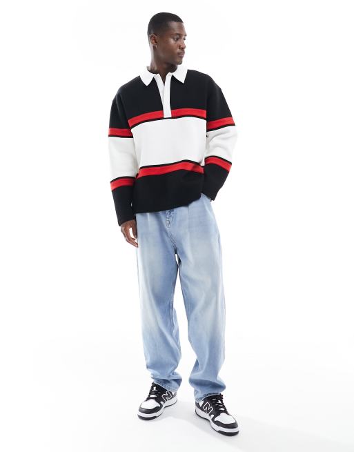 ASOS DESIGN - Felpa stile polo da rugby oversize nera con righe a contrasto