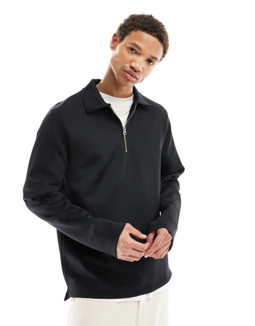 ASOS DESIGN - Felpa stile polo in tessuto scuba nera con zip