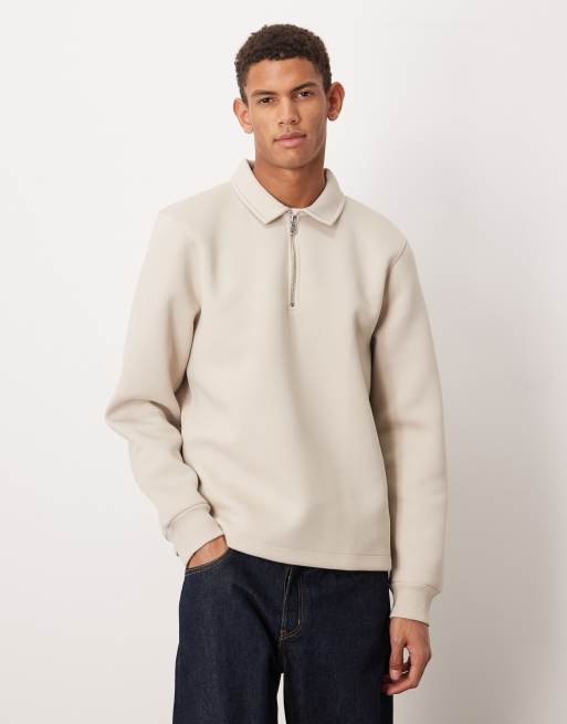 ASOS DESIGN - Felpa stile polo oversize in tessuto effetto scuba pesante beige con fondo fisso
