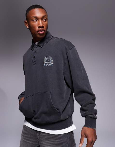 ASOS DESIGN - Felpa stile polo oversize nero lavaggio acido con stampa sul petto - view 1