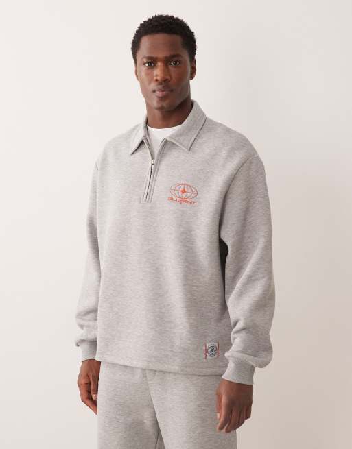 ASOS DESIGN - Felpa stile polo vestibilità comoda grigio mélange con zip corta ed etichetta in coordinato
