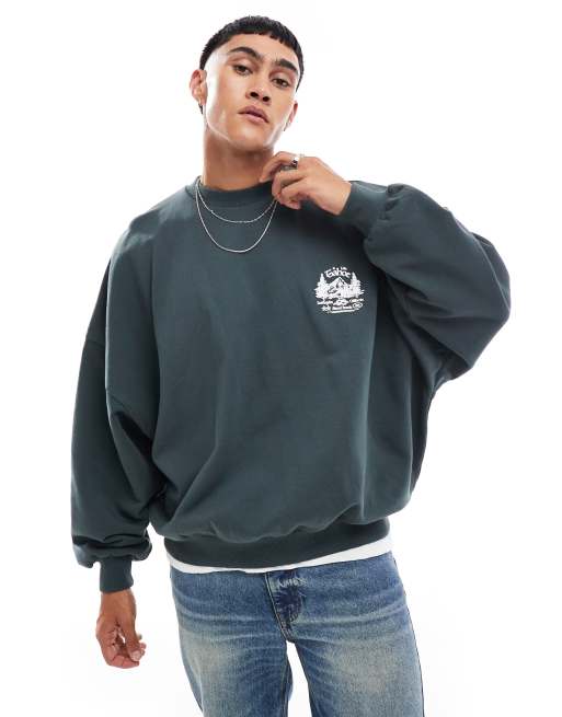 ASOS DESIGN - Felpa super oversize antracite con stampa di montagna, 2 di 4