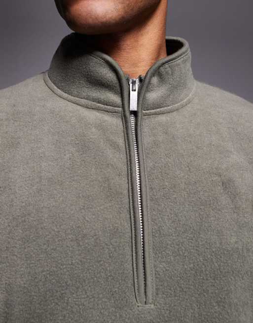ASOS DESIGN - Felpa super oversize con collo a imbuto e zip corta in pile verde oliva, 5 di 5